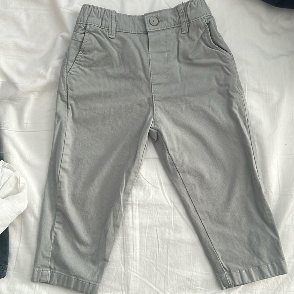 Cute white linen style shirt and grey pants!